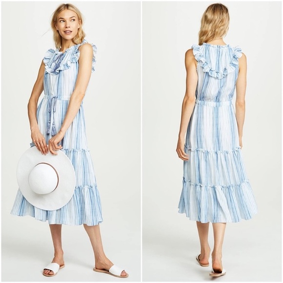 MISA Los Angeles XS Extra Small Aleja Stripe Print Midi Dress White Blue Tassel - Picture 1 of 10